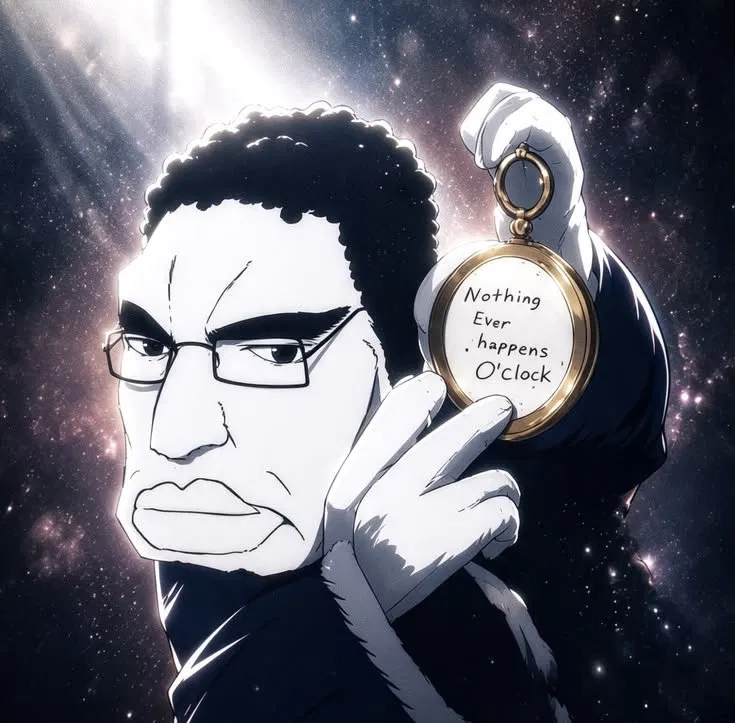 Chudjak with an afro in space holding a gold pocket watch