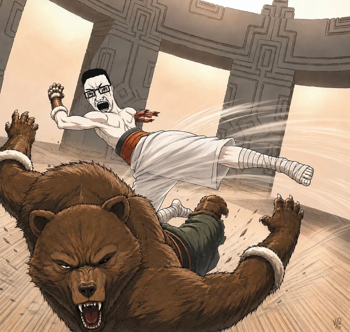 Chudjak flying-kicking a huge brown bear in a stone arena