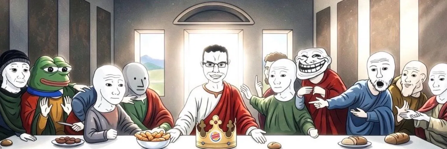 Last Supper parody: Chudjak at the centre surrounded by Pepe, trollface, NPC and wojaks