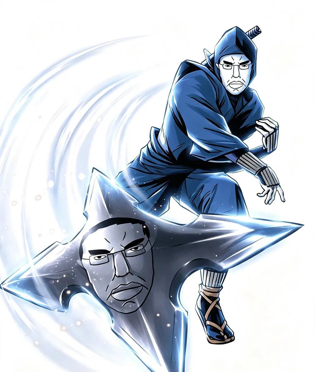 Chudjak as a blue ninja riding a giant shuriken with his own face